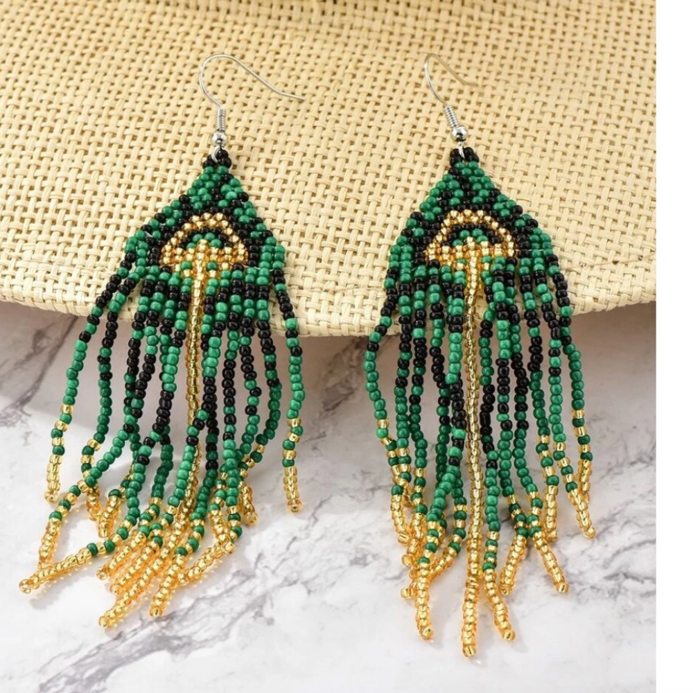 ⭐️❤️ FREE Tassel Fringe Feather Beaded Long Drop Peacock Hipster Hippie Earrings